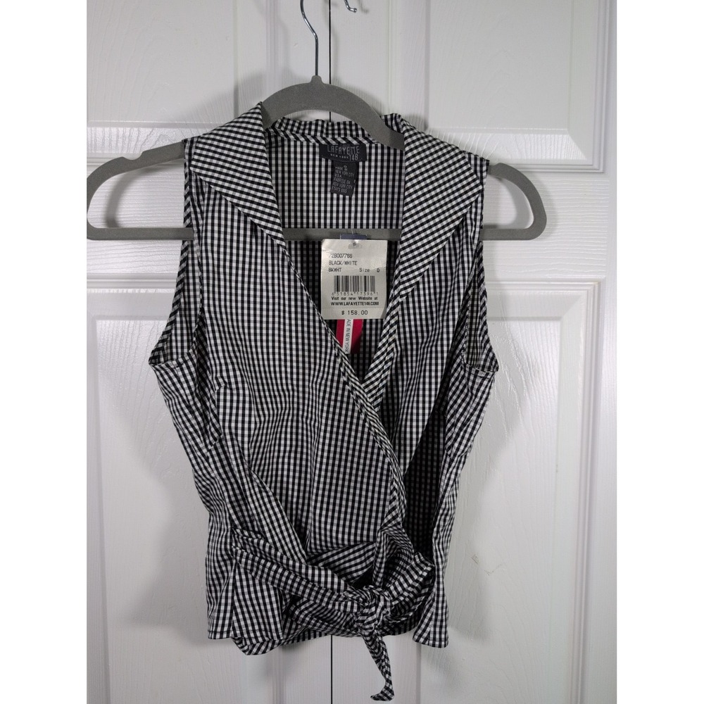 Lafayette 148 New York Black & White Gingham Wrap Sleeveless Top Size 0